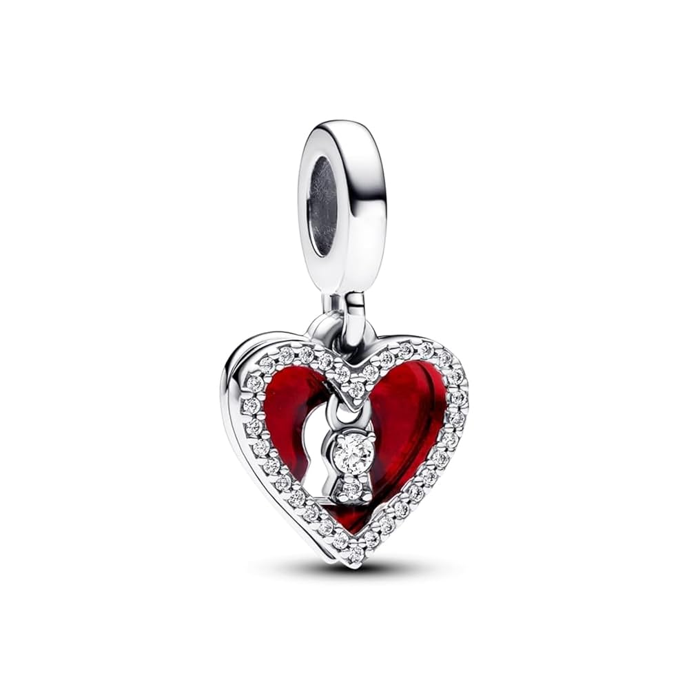 Pandora 赤 レザー バングル 鍵チャーム Amazon.com: PANDORA Red Heart & Keyhole Double Dangle Charm